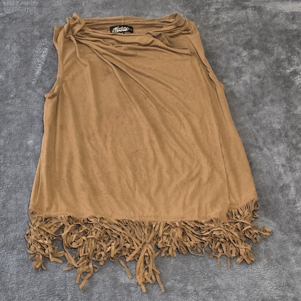 Absolutely Famous Womens Medium Faux Suede Fringe Top Sleeveless Camel Boho Chic